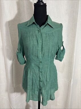 Sacred Threads Green Button-Front Collared Women's Top